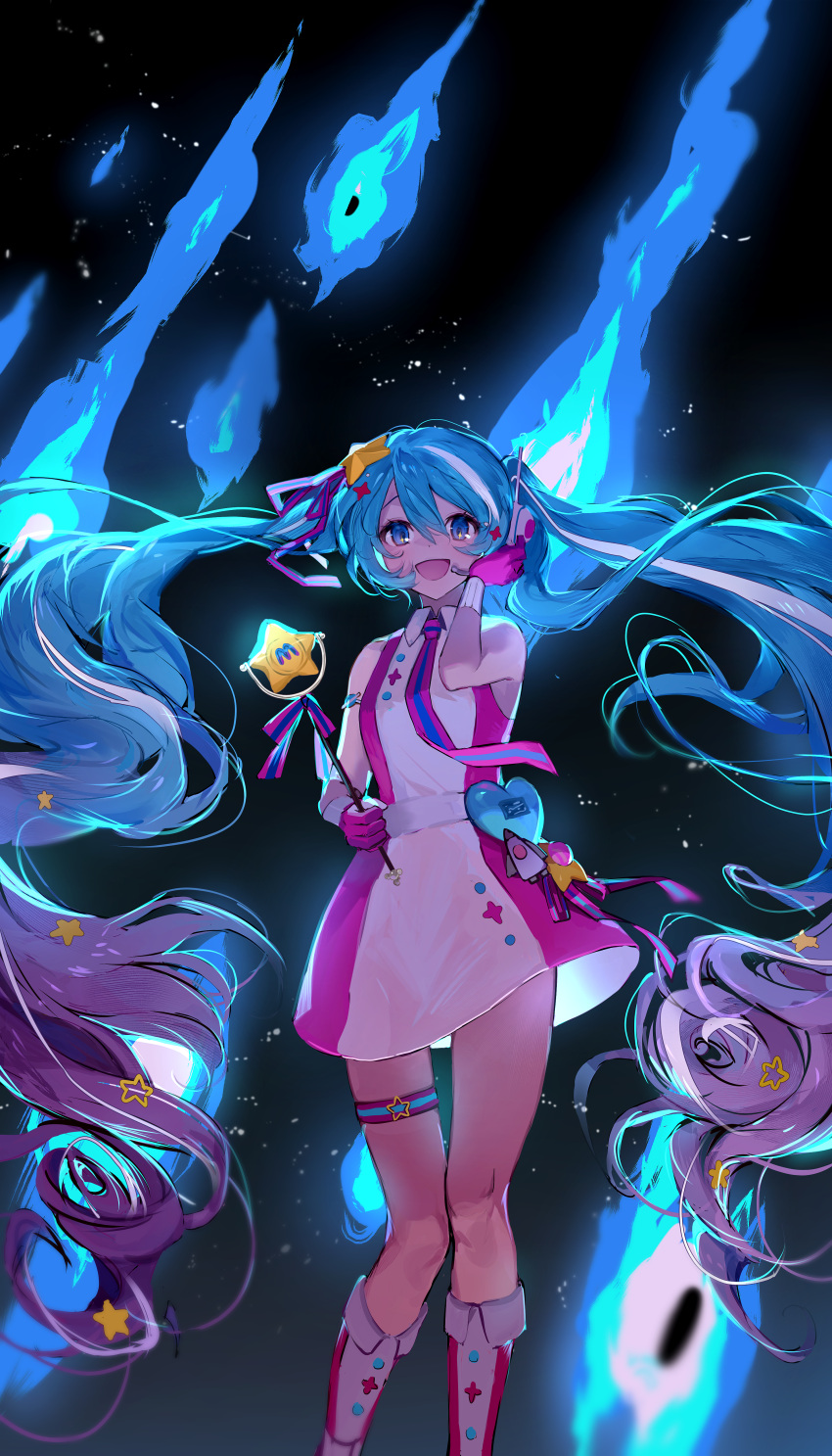 1girl :d absurdly_long_hair absurdres aqua_eyes aqua_hair backlighting bare_arms boots commentary dress feet_out_of_frame floating_hair future_eve_(vocaloid) gloves gradient_hair hair_ornament hair_ribbon hand_on_headphones hatsune_miku headphones headset heart highres holding holding_wand knee_boots long_hair looking_at_viewer magical_mirai_(vocaloid) magical_mirai_miku magical_mirai_miku_(2022) microphone_wand multicolored_hair nannaspad night night_sky open_mouth outdoors pink_dress pink_gloves pink_hair pink_ribbon planet radio_antenna ribbon rocket shooting_star sky sleeveless sleeveless_dress smile solo space standing star_(sky) star_(symbol) star_hair_ornament striped striped_ribbon thigh_strap very_long_hair vocaloid wand