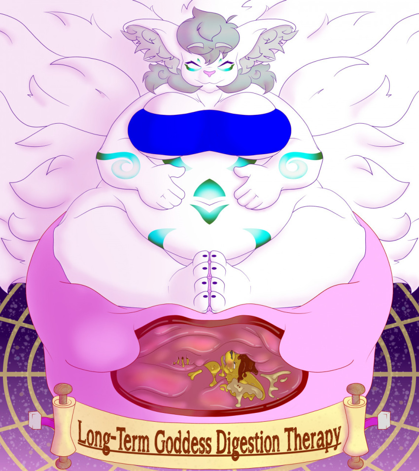 anthro belly canid canine cubby_chambers deity digestion duo female fox fox_spirit goopy hi_res kind kindness love male male/female mammal melting organs overweight relaxation relaxing stomach therapy thick_thighs vore worship yarill