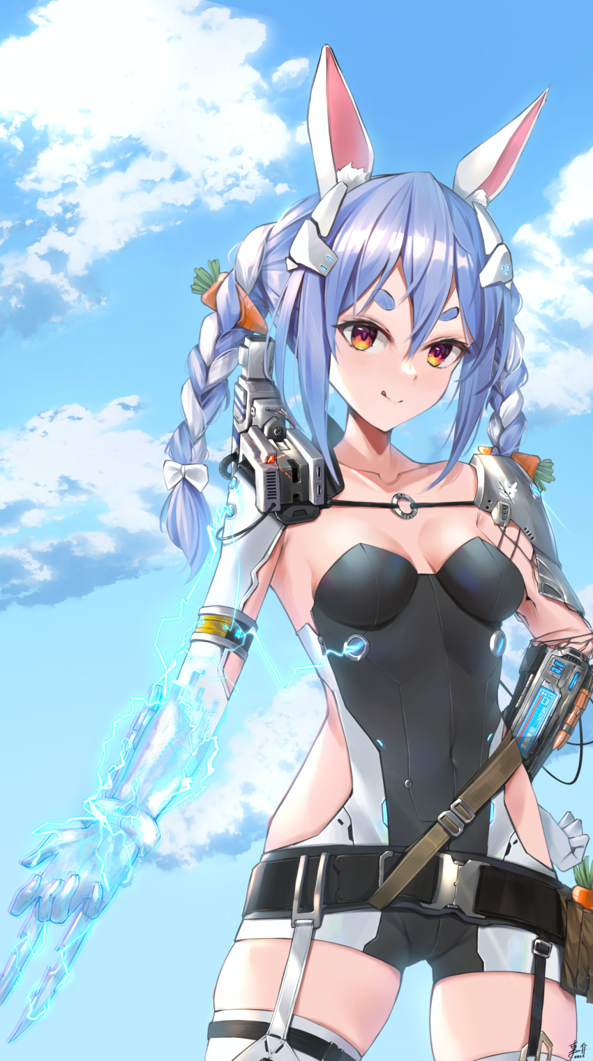 1girl absurdres animal_ear_fluff animal_ears bangs belt black_belt blue_hair blue_sky blush braid breasts breasts_apart carrot_hair_ornament closed_mouth cloud cowboy_shot don-chan_(usada_pekora) electricity food-themed_hair_ornament hair_between_eyes hair_ornament hand_on_hip highres hololive keisuke_desu~ long_hair looking_at_viewer medium_breasts multicolored_hair predator_(movie) rabbit_ears red_eyes short_eyebrows sky smile solo standing thick_eyebrows twin_braids twintails two-tone_hair usada_pekora v-shaped_eyebrows virtual_youtuber white_hair