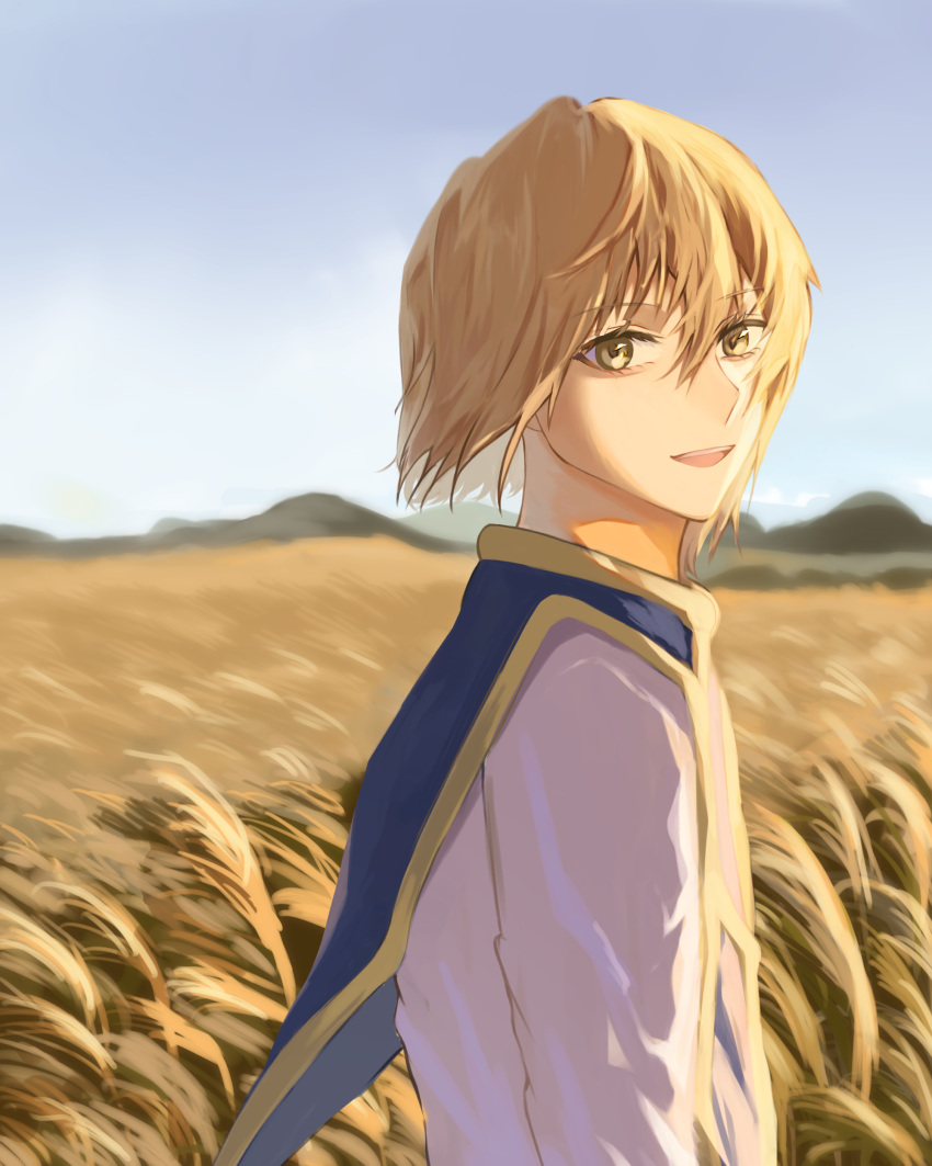 1boy absurdres blonde_hair blue_vest blurry bob_cut depth_of_field field hair_between_eyes highres hunter_x_hunter kurapika looking_at_viewer male_focus parunosyumi shirt smile solo vest wheat_field white_shirt