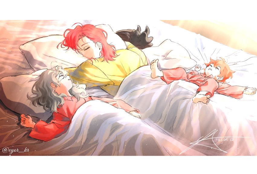 1girl 3boys artist_name barefoot bed_sheet border cale_henituse child dated dragon drooling eyor_kr female_child highres hong_(lout_of_count's_family) korean_commentary light_rays long_hair long_sleeves lout_of_count's_family lying male_child multiple_boys ohn_(lout_of_count's_family) on_back on_stomach pajamas pillow raon_miru red_pajamas signature sleeping sunbeam sunlight western_dragon yellow_pajamas