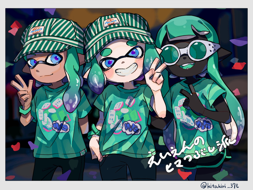 3girls :d aqua_hair aqua_shirt arm_behind_back black_shorts black_skin blue_eyes blush border cabbie_hat closed_mouth colored_skin confetti fang goggles gradient_hair grin hand_up hat highres inkling inkling_girl kitakiri_suzume long_hair looking_at_viewer multicolored_hair multiple_girls pointy_ears purple_hair purple_pupils shirt short_hair short_sleeves shorts smile splatoon_(series) splatoon_3 striped striped_headwear suction_cups t-shirt teeth tentacle_hair thick_eyebrows tinted_eyewear twitter_username two-tone_hair v white-framed_eyewear white_border