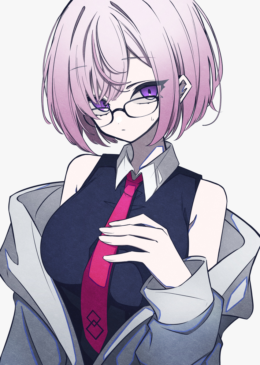 1girl absurdres bangs bare_shoulders black-framed_eyewear black_dress breasts chaldea_logo closed_mouth collared_shirt commentary_request detached_sleeves dot_nose dress fate/grand_order fate_(series) glasses grey_jacket hair_between_eyes hair_over_one_eye hand_on_own_chest highres hood hooded_jacket jacket jacket_pull looking_at_viewer mash_kyrielight medium_hair nanashnojo necktie pink_hair purple_eyes red_necktie shirt simple_background sleeveless sleeveless_shirt solo sweatdrop upper_body
