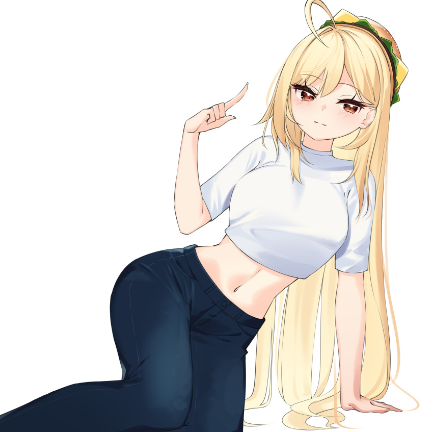 1girl absurdres ahoge arm_support blonde_hair blue_pants breasts closed_mouth crop_top denim hamburger_hat hand_up hat highres index_finger_raised jingburger long_hair looking_at_viewer medium_breasts midriff navel pants red_eyes shirt short_sleeves sitting smile solo stomach very_long_hair virtual_youtuber waktaverse white_shirt yokozuwari ziro_(zirorong)