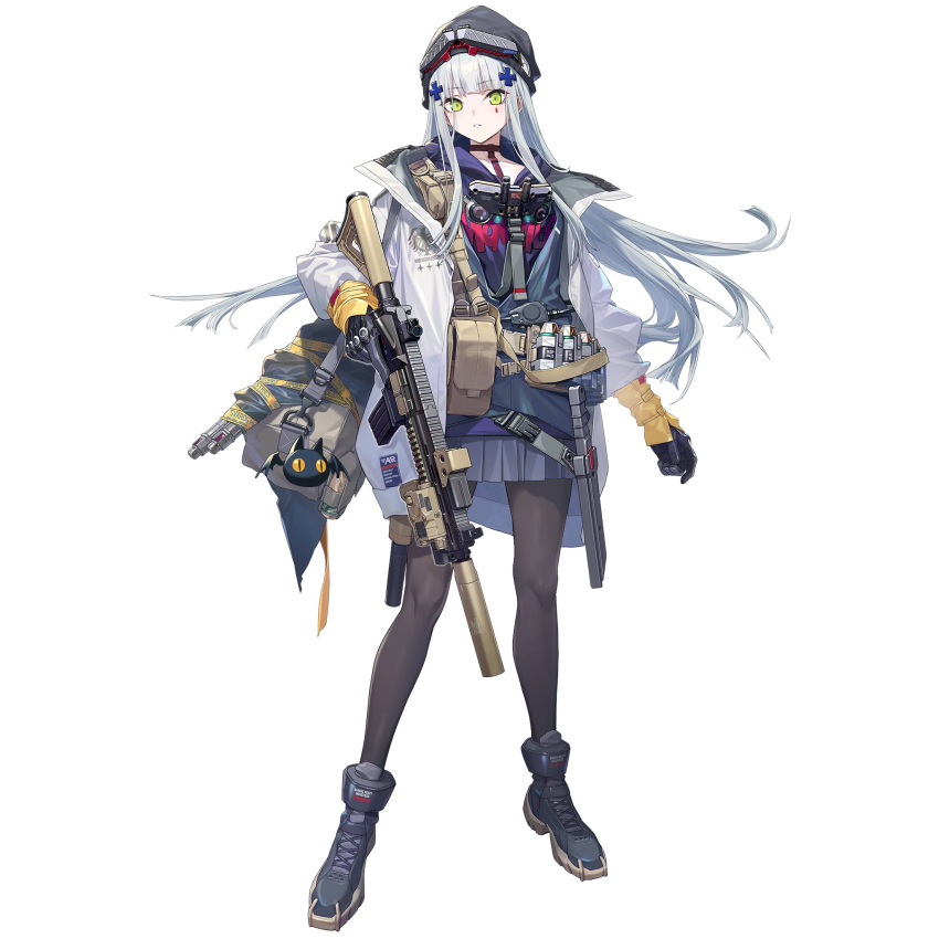 1girl acog assault_rifle girls'_frontline girls'_frontline_neural_cloud green_eyes gun h&amp;k_hk416 hat highres hk416_(girls'_frontline) laser_pointer long_hair official_alternate_costume official_art pantyhose pleated_skirt rifle shoes skirt sneakers solo suppressor thighhighs third-party_source weapon white_background white_hair