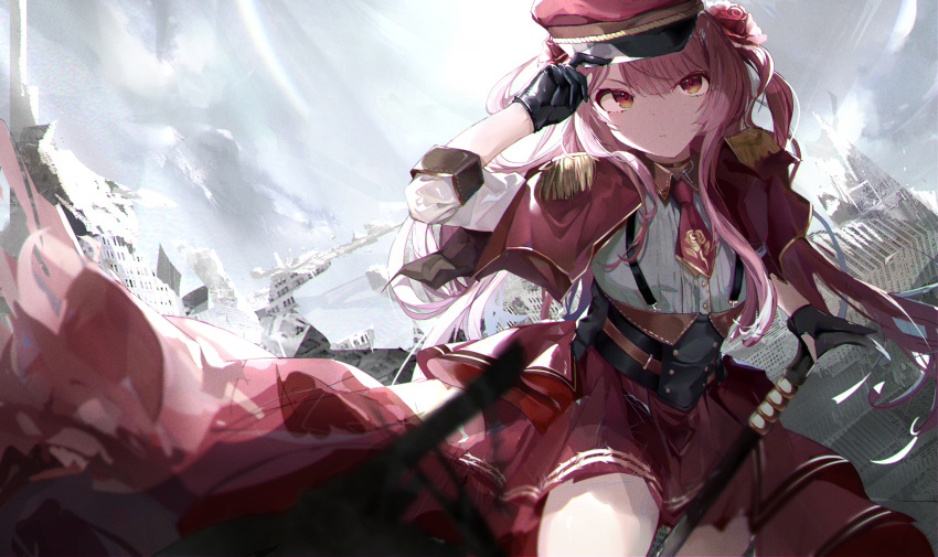 1girl backlighting building cane capelet closed_mouth cloud corset epaulettes frown gloves hat highres i!roha long_hair looking_at_viewer military_hat necktie nijisanji nijisanji_en pantyhose partially_fingerless_gloves pink_hair red_eyes rosemi_lovelock skirt solo virtual_youtuber white_pantyhose