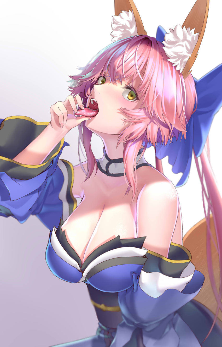 1girl absurdres animal_ear_fluff animal_ears blue_bow blue_kimono bow breasts detached_collar detached_sleeves fate/extra fate_(series) fox_ears fox_girl fox_tail hair_bow highres japanese_clothes kamehito kimono large_breasts open_mouth pink_hair solo split_ponytail tail tamamo_(fate) tamamo_no_mae_(fate/extra) tongue tongue_out upper_body yellow_eyes