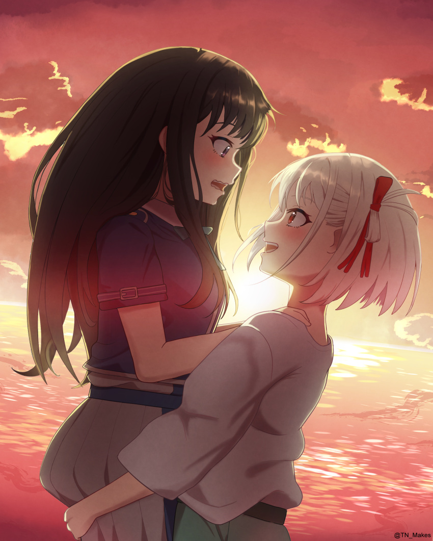 2girls absurdres artist_name black_hair blonde_hair blush cloud hair_ribbon highres inoue_takina lifting_person long_hair looking_at_another lycoris_recoil lycoris_uniform multiple_girls nishikigi_chisato ocean open_mouth orange_eyes outdoors purple_eyes ribbon shirt short_hair skirt sky smile sunset teeth thomas_nguyen upper_teeth wavy_mouth yuri