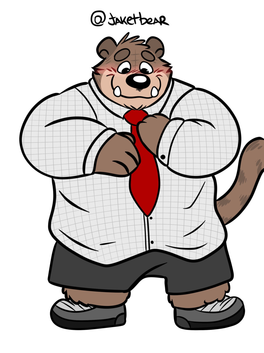 2022 anthro biped black_nose blush bottomwear clothing felid hi_res jakegr male mammal necktie overweight overweight_male shirt shorts simple_background solo topwear