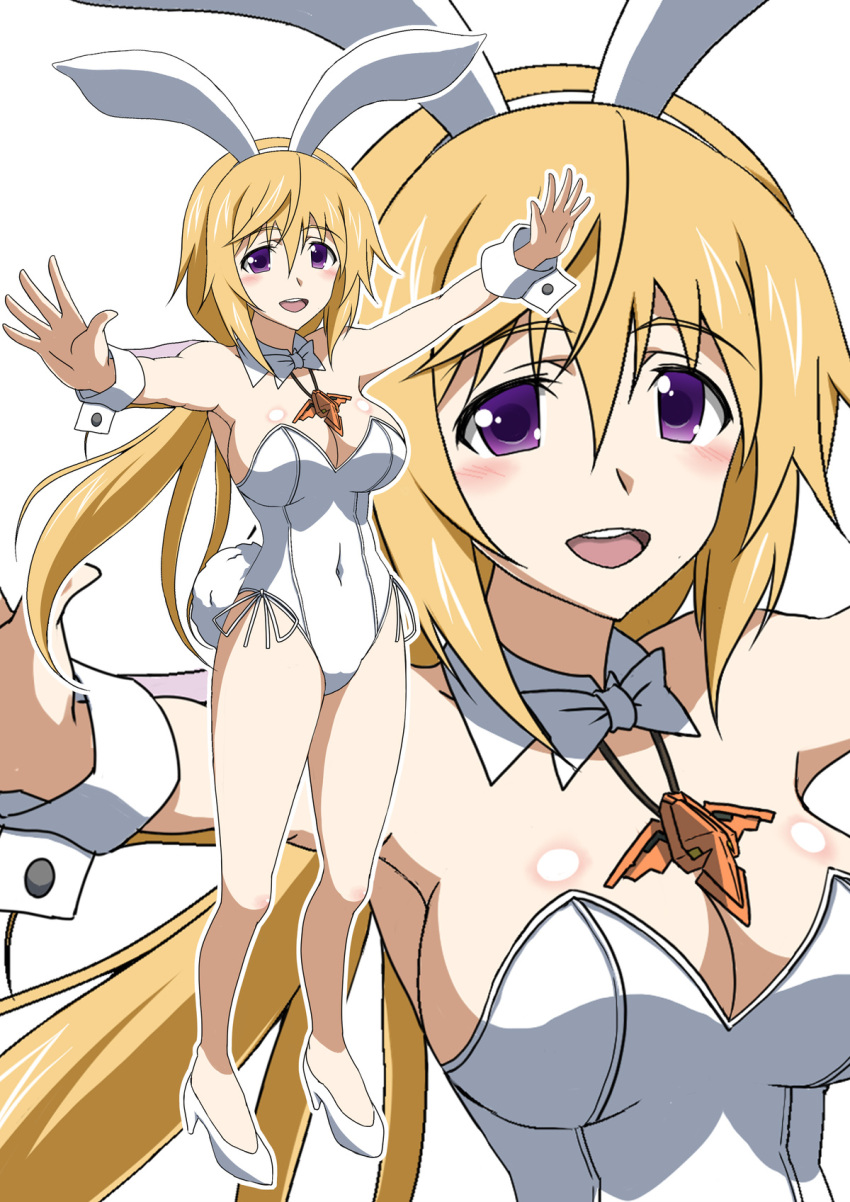 1girl animal_ears blonde_hair bow bowtie breasts charlotte_dunois commentary_request detached_collar full_body highres infinite_stratos jewelry kuroda_ariake large_breasts leotard long_hair looking_at_viewer multiple_views necklace open_mouth outstretched_arms pendant playboy_bunny purple_eyes rabbit_ears rabbit_tail strapless strapless_leotard tail upper_body white_bow white_bowtie white_footwear white_leotard wrist_cuffs zoom_layer