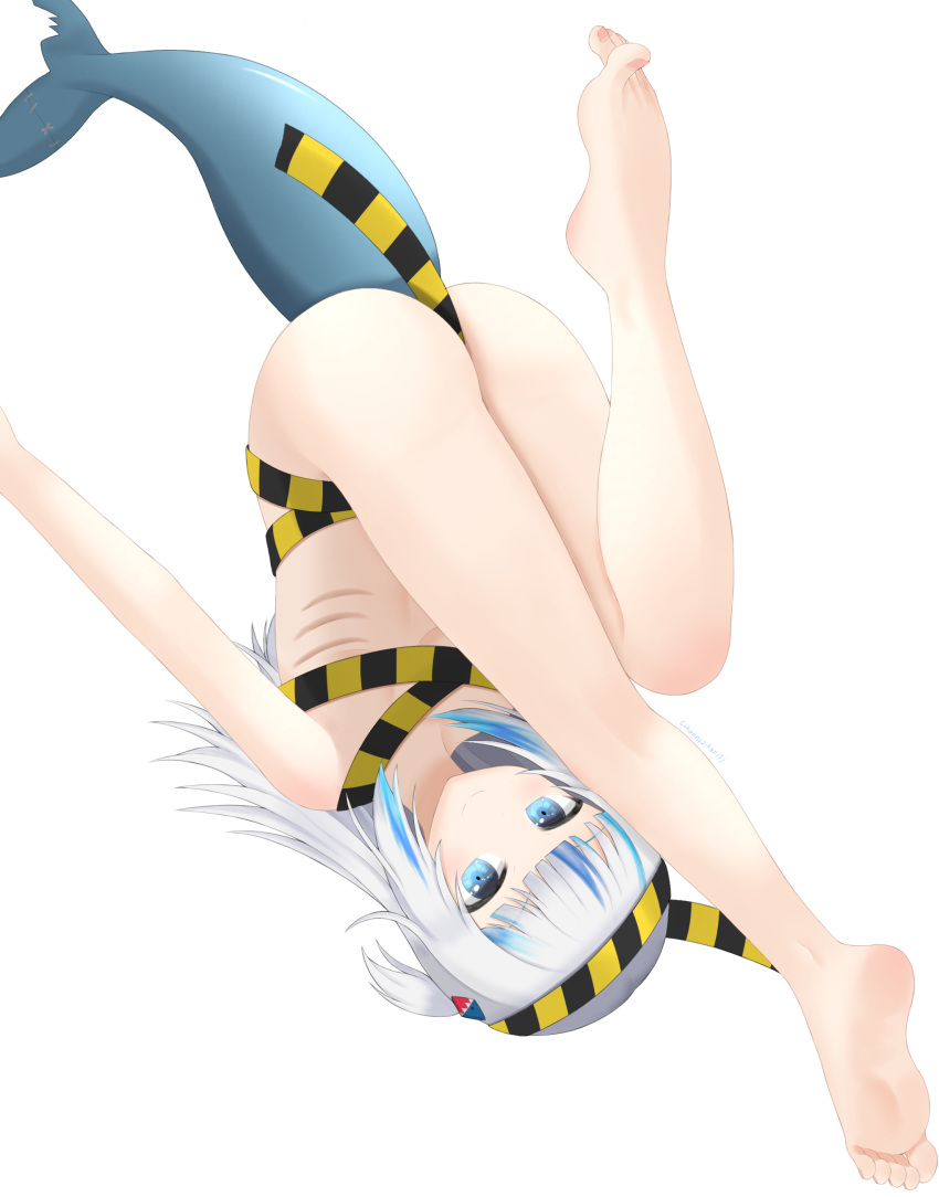 1girl absurdres ass bangs barefoot blue_eyes blue_hair blunt_bangs caution_tape commentary_request feet fish_tail flat_chest full_body gawr_gura gills grey_hair hair_ornament highres hololive hololive_english legs long_hair long_legs looking_at_viewer medium_hair multicolored_hair naked_ribbon ribbon shark_girl shark_hair_ornament shark_tail shiny shiny_skin short_twintails simple_background soles solo streaked_hair tail tamagotozi3420 thighs toenails toes twintails two_side_up upside-down virtual_youtuber white_background white_hair