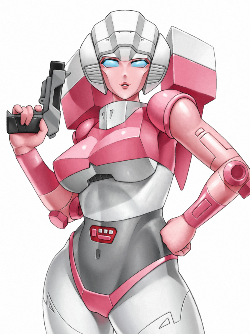 1girl alien arcee autobot blue_eyes breasts curvy gun hand_on_hip handgun highres humanoid_robot large_breasts navel panties pink_lips pink_panties robot simple_background skylock solo thong transformers underwear weapon white_background