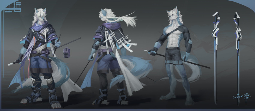 abs absurd_res anthro awaldkize barefoot black_bottomwear black_clothing black_pants blue_body blue_bottomwear blue_clothing blue_ears blue_fur blue_pants blue_tail bottomwear canid clothed clothing feet fluffy fluffy_tail front_view fur hair hi_res holding_object holding_sword holding_weapon long_hair male mammal melee_weapon mouth_closed navel pants pecs rear_view signature simple_background solo standing sword topless weapon white_body white_fur white_hair white_tail