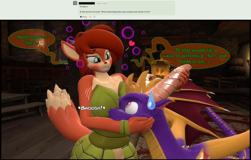 3d_(artwork) activision anthro aroused bestiality big_breasts blush breast_expansion breasts bubble cabin comic digital_media_(artwork) dragon drunk drunk_bubble duo elora expansion faun female feral garry's_mod head_on_breast hi_res hiccuping horn male male/female nervous spyro_reignited_trilogy spyro_the_dragon substance_intoxication tyrakathedragonfan video_games