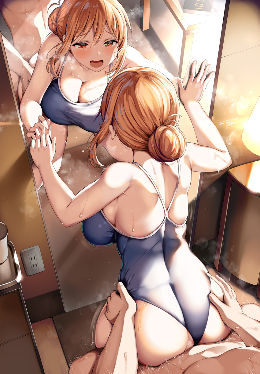 1boy 1girl ass ass_grab bangs banned_artist bare_arms bare_shoulders belko blue_one-piece_swimsuit blush breasts brown_hair cleavage hair_bun hetero highres large_breasts one-piece_swimsuit open_mouth red_eyes sex sex_from_behind single_hair_bun swimsuit yahari_ore_no_seishun_lovecome_wa_machigatteiru. yuigahama_yui's_mother