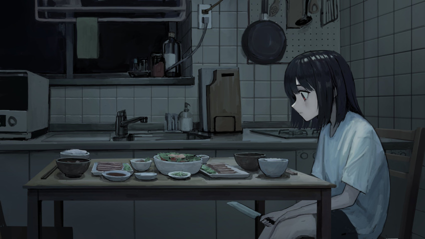 1girl black_hair bottle bowl cable chair chopsticks closed_mouth counter cutting_board electric_socket expressionless food from_side frying_pan grey_skirt highres holding holding_knife hot_plate kitchen knife looking_at_food medium_hair microwave on_chair original plate profile red_eyes rice_bowl sakiika0513 salad shirt short_sleeves sink sitting skirt soap_dispenser solo soup_ladle sushi table white_shirt