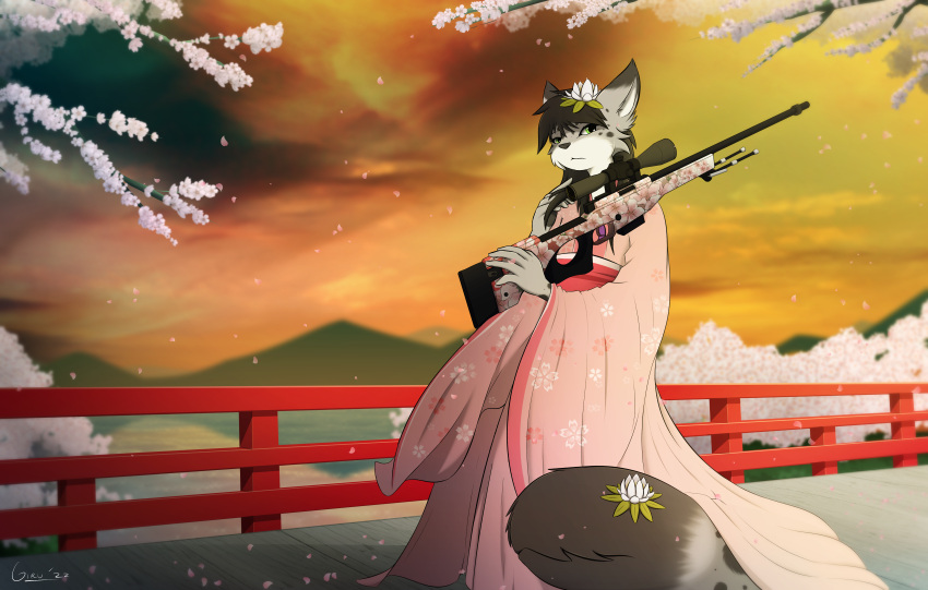 absurd_res anthro asian_clothing black_hair bridge cherry_blossom cherry_blossom_tree cherry_tree clothing discontent dusk east_asian_clothing felid flower flower_on_head flower_on_tail flower_pattern flower_petals fruit_tree fur giru_(artist) green_eyes grey_body grey_fur gun hair hi_res holding_object holding_sniper_rifle holding_weapon japanese_clothing jewelry kimono looking_at_viewer lotus_(flower) male mammal mountain necklace nekoeko pantherine petals pink_clothing pink_kimono plant ranged_weapon rifle sniper_rifle snow_leopard solo standing tail_mouth touching_hair tree unusual_anatomy unusual_tail water weapon