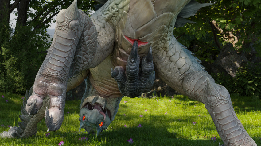 16:9 3d_(artwork) absurd_res animal_genitalia blender_(software) blender_cycles butt capcom claws cloaca detailed_background digital_media_(artwork) fanged_wyvern feral forest genitals hi_res huge_filesize integlol inviting looking_at_viewer male monster_hunter open_mouth plant presenting presenting_cloaca presenting_hindquarters raised_leg raised_tail scales solo spread_cloaca spreading tobi-kadachi toe_claws toe_curl tongue tongue_out tree video_games widescreen