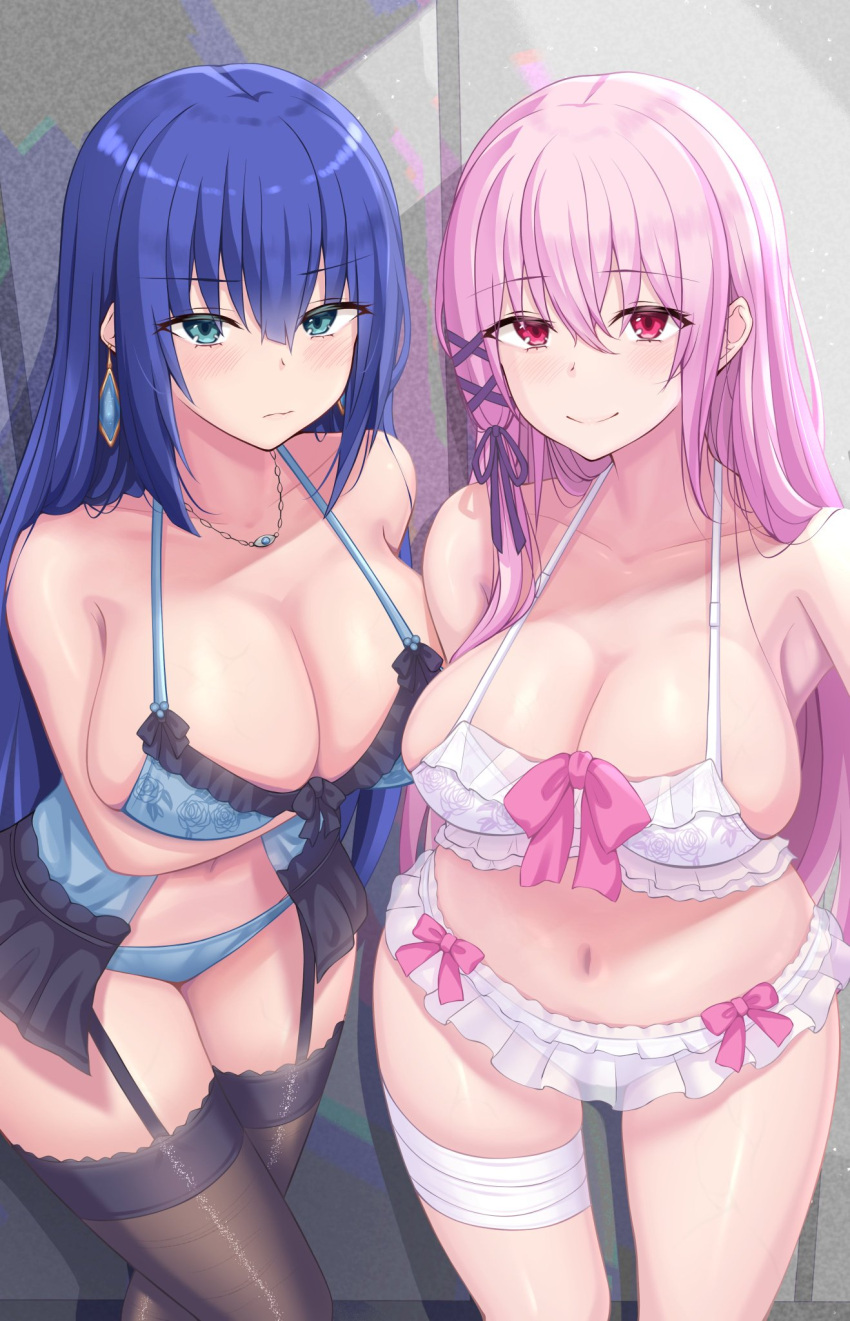 2girls bangs black_thighhighs blue_eyes blue_hair blush breasts chin_gero cleavage earrings engage_kiss frills garter_straps highres jewelry kisara_(engage_kiss) large_breasts lingerie looking_at_viewer multiple_girls necklace pink_hair pink_ribbon red_eyes ribbon smile thighhighs underwear yuugiri_ayano