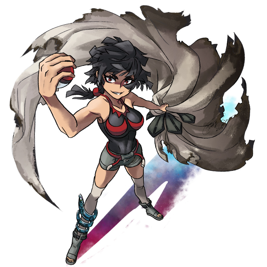 1girl black_hair breasts cabonara_artblock cape cape_removed collarbone full_body highres holding holding_poke_ball looking_at_viewer poke_ball poke_ball_(basic) pokemon pokemon_(game) pokemon_oras red_eyes short_hair signature smirk solo standing torn_cape torn_clothes zinnia_(pokemon)