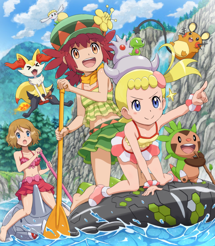 3girls :d :o absurdres afloat all_fours alternate_costume bangs bare_arms barefoot blonde_hair blue_eyes blush bonnie_(pokemon) braixen broom broom_riding chespin closed_mouth cloud collarbone commentary_request day dedenne eyelashes flabebe flower green_headwear hat highres holding holding_oar innertube mairin_(pokemon) multiple_girls navel oar on_head open_mouth outdoors pointing pokemoa pokemon pokemon_(anime) pokemon_(creature) pokemon_on_head pokemon_xy_(anime) rhyhorn riding riding_pokemon river scrunchie serena_(pokemon) shirt short_hair sky sleeveless sleeveless_shirt smile split_mouth stick swimsuit teeth toes tongue upper_teeth water water_drop waterfall wrist_scrunchie yellow_flower yellow_shirt zygarde zygarde_core