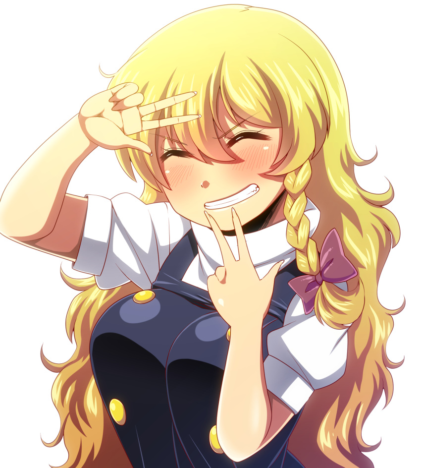 1girl amazon_(taitaitaira) arm_up bangs black_dress blonde_hair blush bow braid breasts buttons closed_eyes closed_mouth commentary_request double_v dress fang fingernails hair_between_eyes hair_bow hands_up highres kirisame_marisa long_fingernails long_hair medium_breasts no_headwear puffy_short_sleeves puffy_sleeves purple_bow shirt short_sleeves single_braid smile solo teeth touhou v v-shaped_eyebrows white_shirt