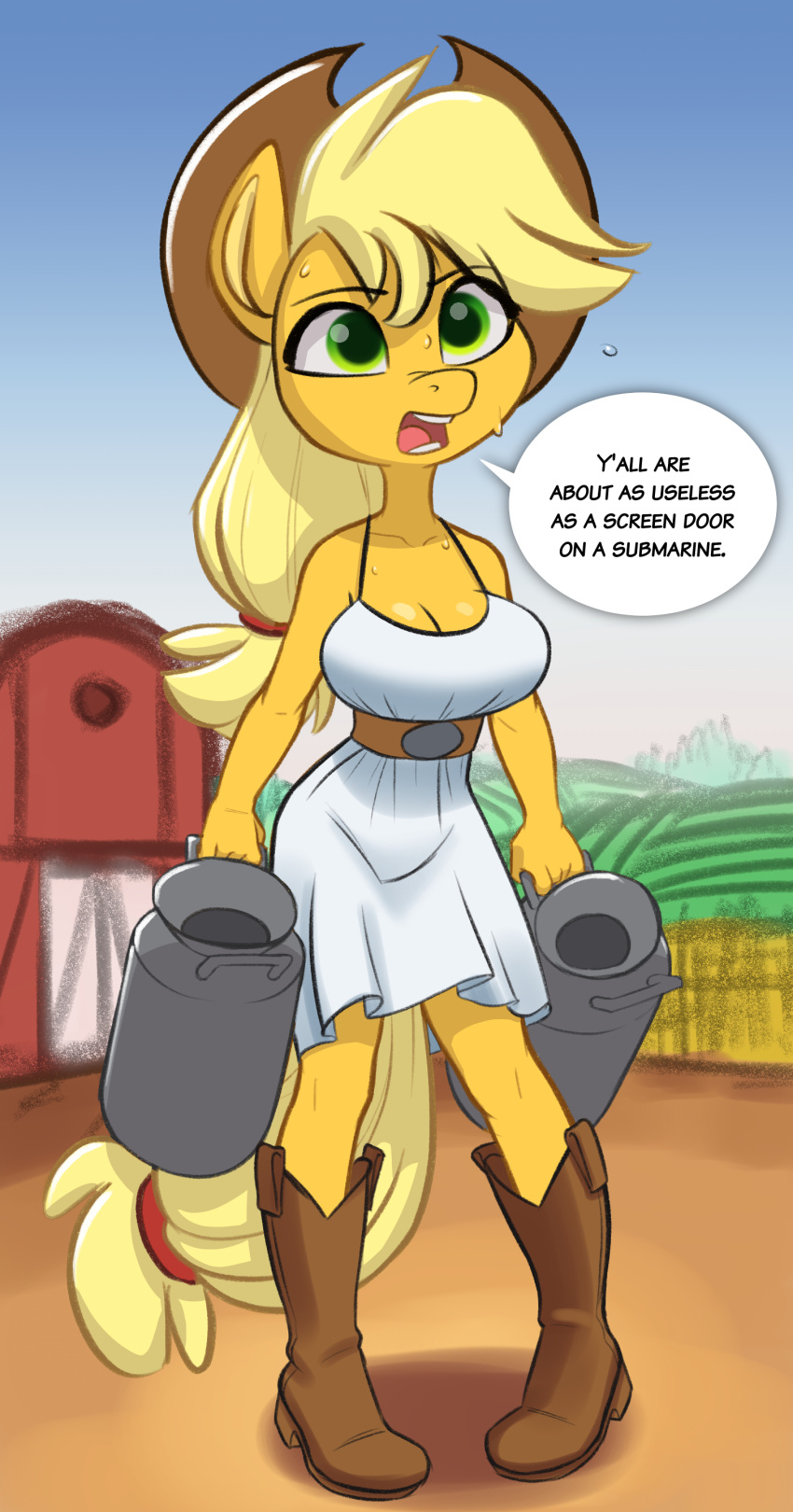 2022 absurd_res anthro applejack_(mlp) blonde_hair bodily_fluids boots breasts cleavage clothed clothing dialogue dress english_text equid equine farm female footwear friendship_is_magic hair hasbro hat headgear headwear hi_res holding_object horse mammal my_little_pony open_mouth orange_body outside pony siroc solo sweat text