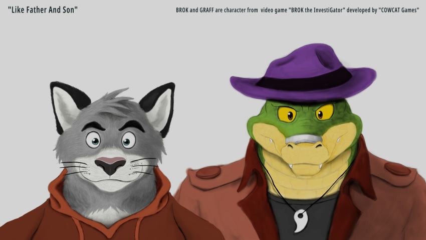 2021 acekey alligator alligatorid anthro biped brok_(character) brok_the_investigator clothing crocodilian domestic_cat duo english_text felid feline felis fur graff_filsh green_body grey_body grey_fur hat headgear headwear hi_res hoodie mammal portrait reptile scalie shirt text topwear video_games