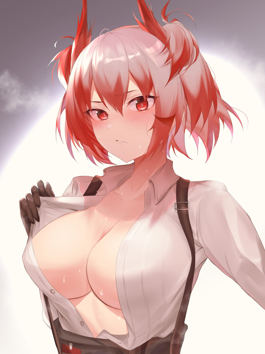 1girl absurdres arknights black_gloves blush breasts feather_hair fiammetta_(arknights) gloves highres large_breasts open_clothes open_shirt red_eyes red_hair shirt sweat unbuttoned unbuttoned_shirt white_shirt yomesuket