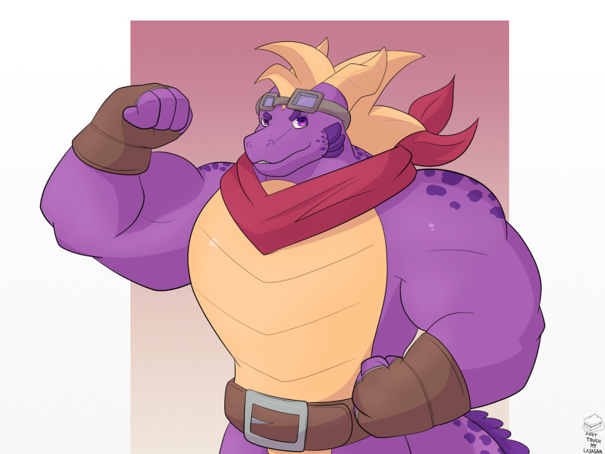 2022 activision aged_up anthro anthrofied artist_name clothing donttouchmylasagna dragon eyewear eyewear_on_head fingerless_gloves fist gloves goggles goggles_on_head gradient_background handwear male muscular muscular_anthro muscular_male neckerchief presenting purple_eyes scalie simple_background solo spyro spyro_the_dragon video_games watermark white_background