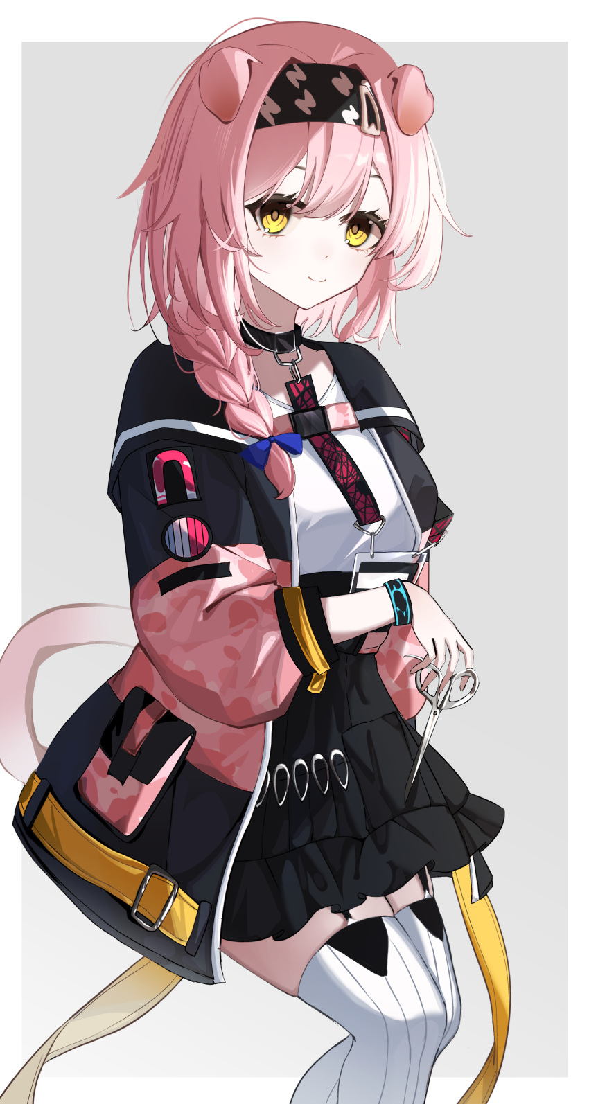 1girl absurdres animal_ears arknights black_bracelet black_collar black_hairband black_jacket black_skirt blue_bow blush border bow braid cat_ears cat_girl cat_tail collar feet_out_of_frame floppy_ears garter_straps goldenglow_(arknights) grey_background hair_bow hair_ornament hairband hairclip highres holding holding_scissors id_card infection_monitor_(arknights) jacket lightning_bolt_print long_hair looking_at_viewer multicolored_clothes multicolored_jacket outside_border pink_jacket pocket print_hairband scissors shirt simple_background skirt smile solo tail thighhighs two-tone_jacket white_border white_shirt white_thighhighs ya_(37330) yellow_eyes