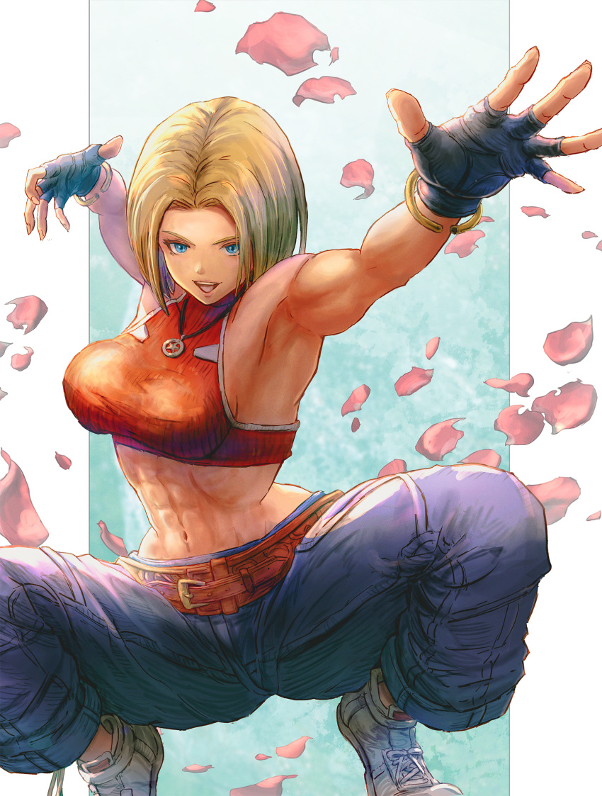 1girl :d abs bare_shoulders belt blonde_hair blue_eyes blue_mary breasts commentary_request crop_top fatal_fury fingerless_gloves full_body gloves halterneck highres jewelry looking_at_viewer midriff mitsu_plus navel necklace pants petals rose_petals short_hair sleeveless smile solo squatting straight_hair the_king_of_fighters the_king_of_fighters_xv