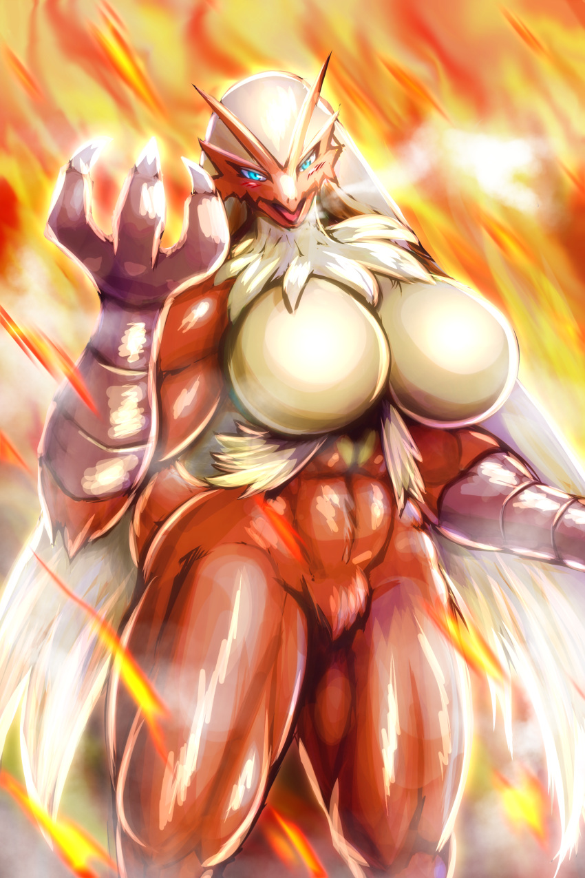 2:3 absurd_res anthro avian blaziken blush breasts featureless_breasts female fur generation_3_pokemon hair hi_res kanakakia looking_at_viewer nintendo nude pokemon pokemon_(species) red_body smile solo video_games