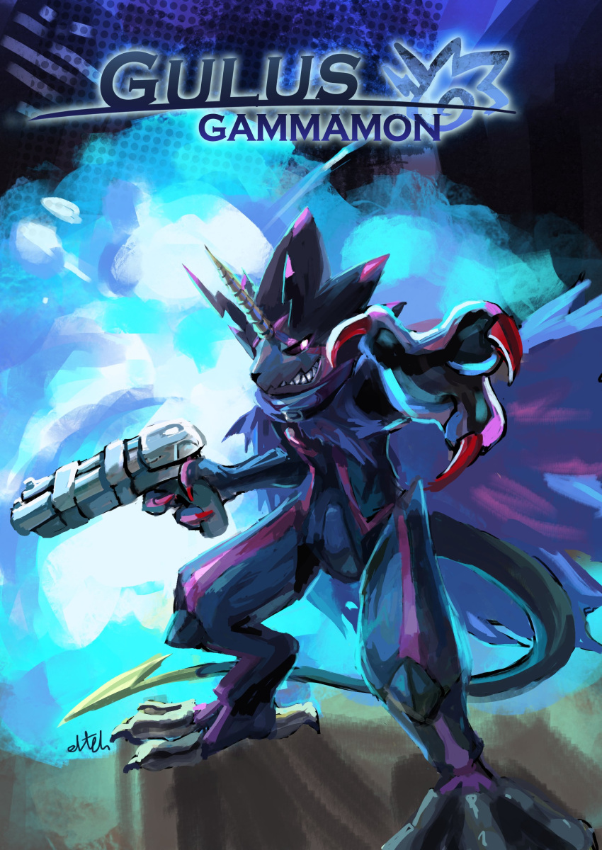 absurd_res anthro bandai_namco belt black_body black_sclera cape clothing digimon digimon_ghost_game eltehh game_cover glowing glowing_eyes gulusgammamon gun hi_res horn humor male parody ranged_weapon sega shadow_the_hedgehog sonic_the_hedgehog_(series) weapon