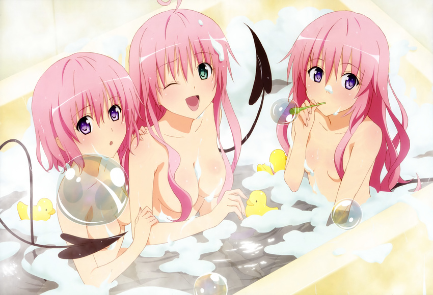 :o ;d absurdres age_difference ahoge alternate_hairstyle arm_grab bangs bath bathing bathroom blush breasts bubble bubble_bath bubble_blowing bubble_pipe censored convenient_censoring demon_tail flat_chest green_eyes hair_between_eyes hair_censor hair_down hair_over_breasts hand_on_another's_shoulder highres indoors kutsuzawa_youko lala_satalin_deviluke long_hair looking_at_viewer momo_velia_deviluke multiple_girls nana_asta_deviluke nyantype official_art one_eye_closed open_mouth partially_submerged pink_hair purple_eyes raised_eyebrows rubber_duck scan shared_bathing short_hair siblings sisters small_breasts smile soap_bubbles steam tail tail_censor to_love-ru toy twins very_long_hair water wet