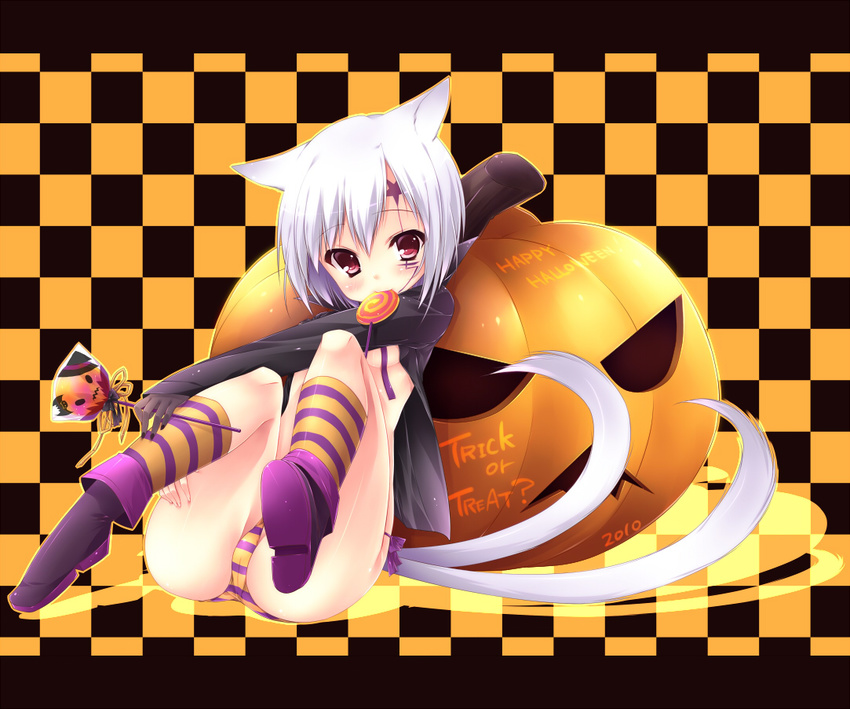 2010 allen_walker animal_ears boots candy cat_ears cat_tail checkered checkered_background d.gray-man food genderswap genderswap_(mtf) halloween happy_halloween jack-o'-lantern mouth_hold panties pumpkin red_eyes sagami_rin short_hair silver_hair solo striped striped_panties tail trick_or_treat underwear