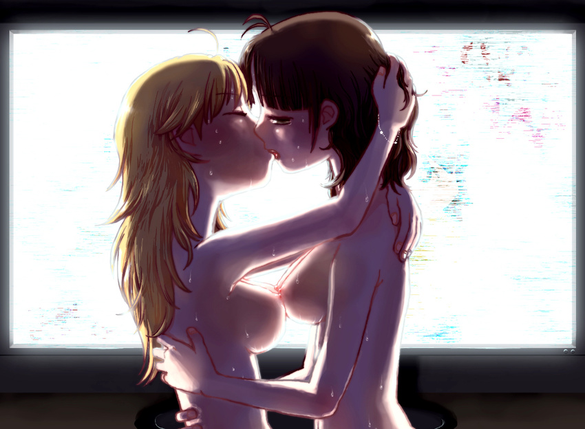 2girls akizuki_ritsuko backlighting backlit blonde_hair breasts brown_hair hair_down hdtv head_hold hoshii_miki hug idolmaster kiss kissing multiple_girls nipples_touching nude sweat television yuri