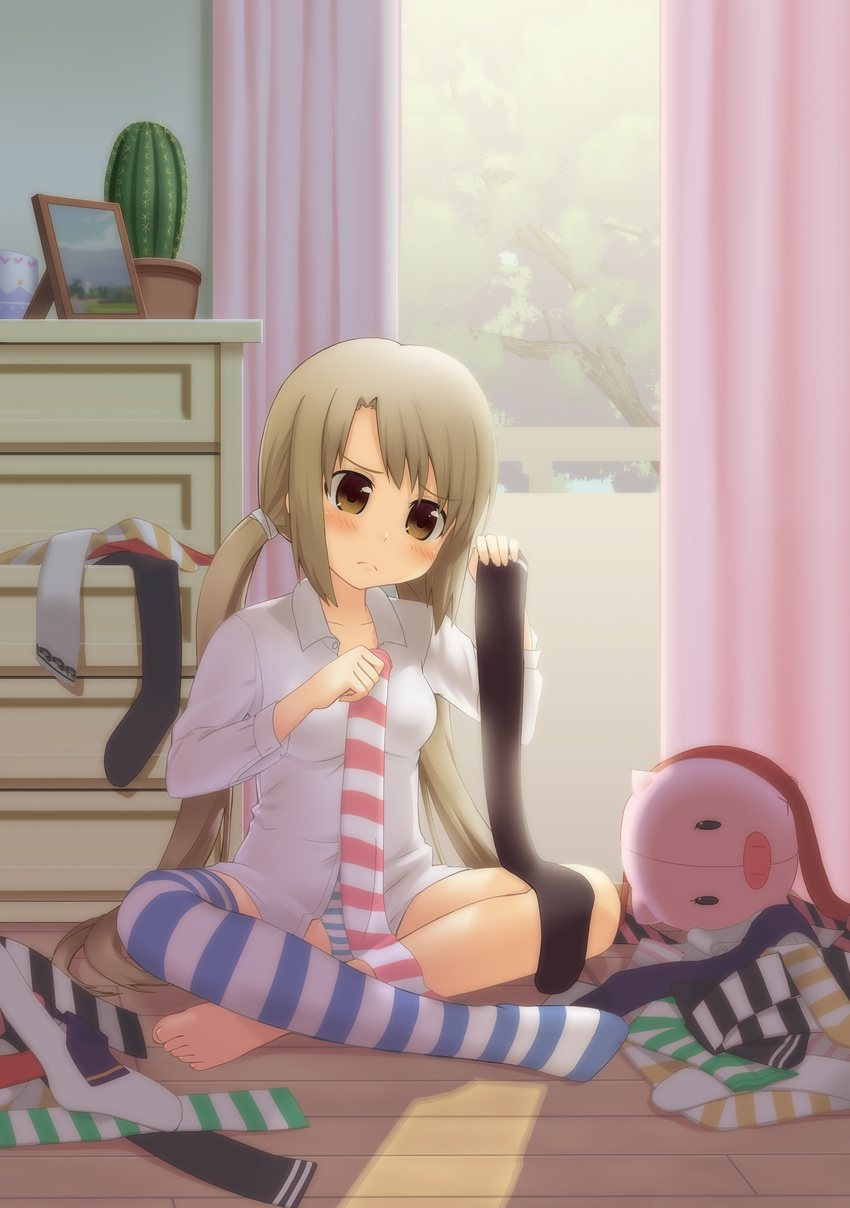 absurdres barefoot blonde_hair blush cactus chest_of_drawers dress_shirt dressing feet frown highres indian_style kuroba_(f-15c_eagle) long_hair no_pants original panties shirt single_thighhigh sitting socks solo striped striped_legwear striped_panties thighhighs twintails underwear very_long_hair