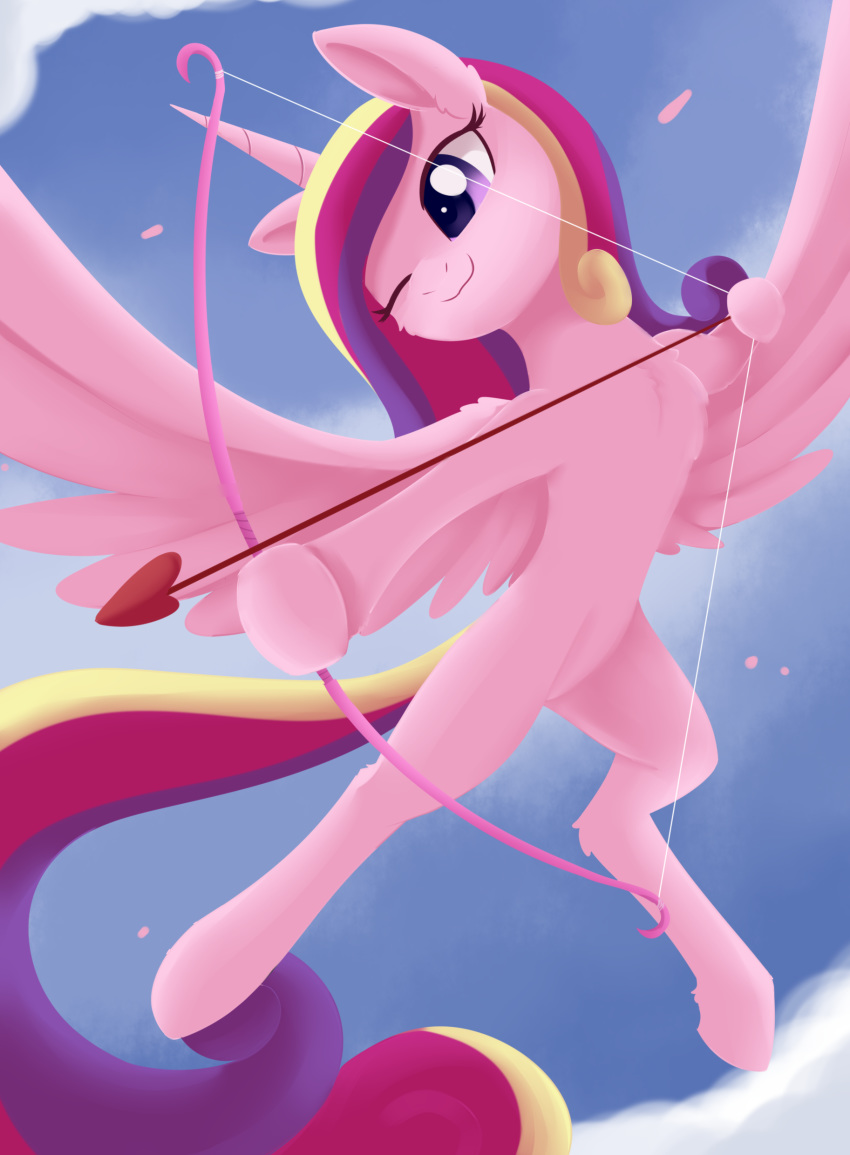 2019 absurd_res cloud cupid dusthiel equine female feral flying friendship_is_magic hair hi_res holidays horn mammal multicolored_hair my_little_pony outside princess_cadance_(mlp) purple_eyes sky smile solo valentine's_day winged_unicorn wings