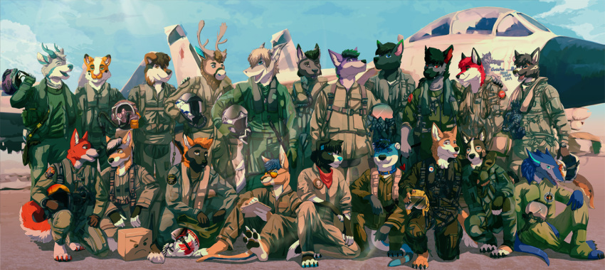 aircraft anthro antlers armor canid canine capreoline cervid clothed clothing collar eyewear fish fox fur group hair helmet horn jeanwoof jumpsuit macropod male mammal marine marsupial moose open_mouth sergal shark sitting smile standing sunglasses