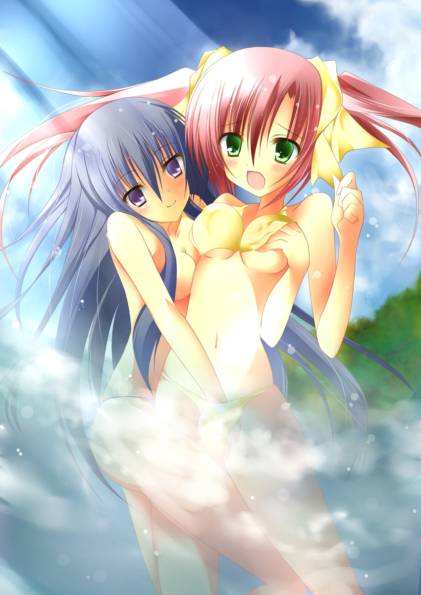 absurdres bad_id bad_pixiv_id bare_shoulders bikini blue_eyes blue_hair blush breasts green_eyes hair_ribbon hand_under_clothes hand_under_swimsuit highres multiple_girls nanahosi_seiiki navel open_mouth original ribbon small_breasts swimsuit twintails water yuri