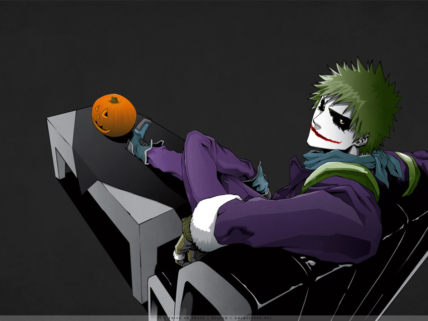 batman_(series) bleach cosplay dc_comics formal green_hair kurosaki_ichigo looking_back pumpkin simple_background suit the_joker