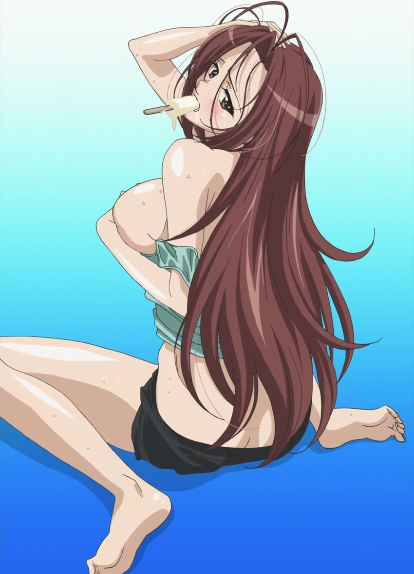 barefoot big_breasts breasts feet highres ifukube_yahiro large_breasts popsicle red_hair short_shorts shorts stitched yosuga_no_sora