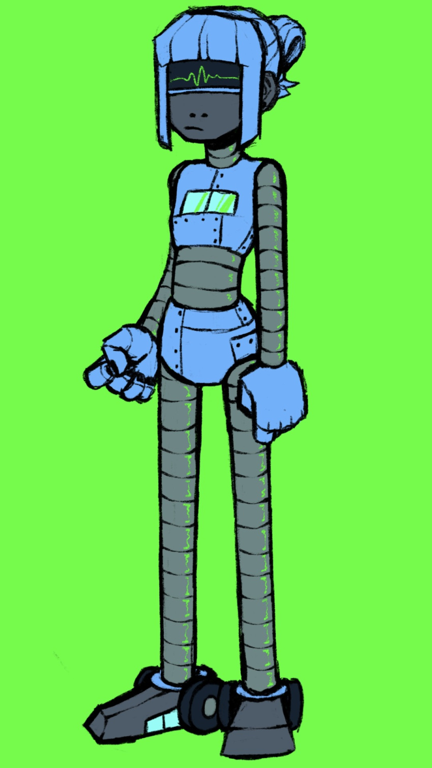 bangs blue_body blue_hair dreamscreep female full-length_portrait glistening glistening_body green_background grey_body hair hi_res humanoid karen_plankton machine nickelodeon not_furry ponytail portrait robot robot_humanoid simple_background solo spongebob_squarepants