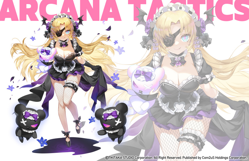 1girl absurdres apple_caramel arcana_tactics black_flower black_footwear black_rose blonde_hair blue_eyes breasts brooch cleavage closed_mouth copyright_name detached_collar dress fang fishnets floating_hair flower flower_eyepatch hair_intakes head_wings highres jewelry large_breasts long_hair looking_at_viewer official_art pink_pupils projected_inset rose smile stuffed_animal stuffed_toy teddy_bear thigh_gap very_long_hair