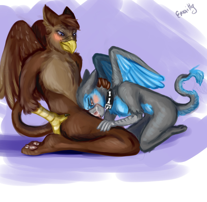 2022 absurd_res anthro anthro_on_anthro anthro_penetrated anthro_penetrating anthro_penetrating_anthro avian beak blue_body blue_eyes blue_feathers blue_fur blush blush_lines bodily_fluids brown_body brown_eyes brown_feathers brown_fur chester_featherwing claws collar cum cum_in_mouth cum_inside duo ears_back emailty eyebrows feathered_wings feathers fellatio fur genital_fluids genitals grey_body grey_feathers grey_fur gryphon hand_on_leg hand_on_neck hi_res kneeling looking_at_another looking_at_partner male male/male male_penetrated male_penetrating male_penetrating_male mythological_avian mythology oral oral_penetration pawpads paws penetration penile penile_penetration penis penis_in_mouth pivoted_ears sex signature simple_background wings yellow_beak zephyr_(bateleurs)