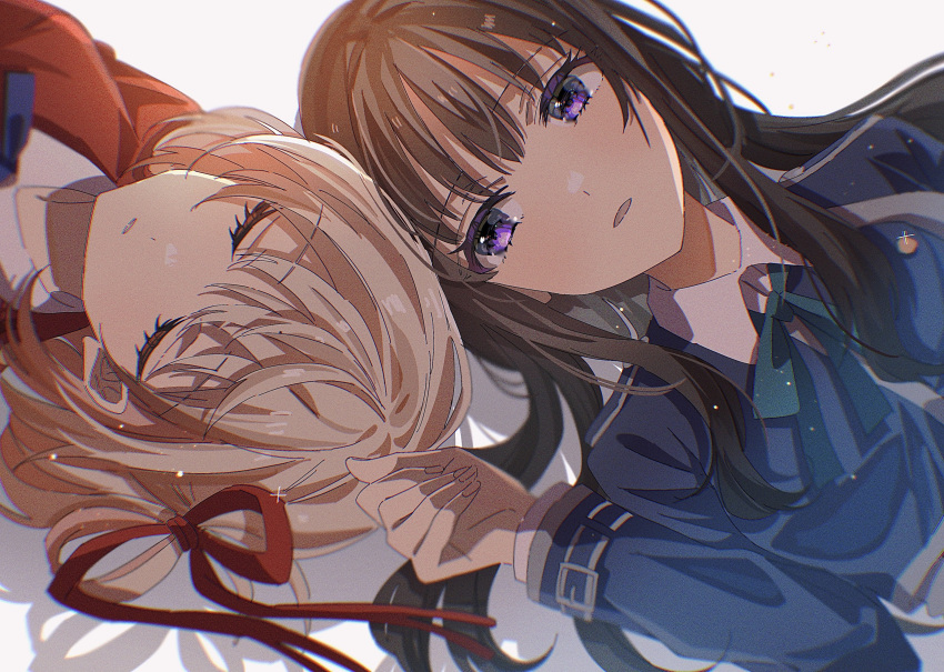 2girls absurdres black_hair blonde_hair close-up closed_eyes highres inoue_takina long_hair looking_at_another lycoris_recoil lycoris_uniform lying multiple_girls nishikigi_chisato on_back on_ground purple_eyes rococomm123 simple_background white_background yuri