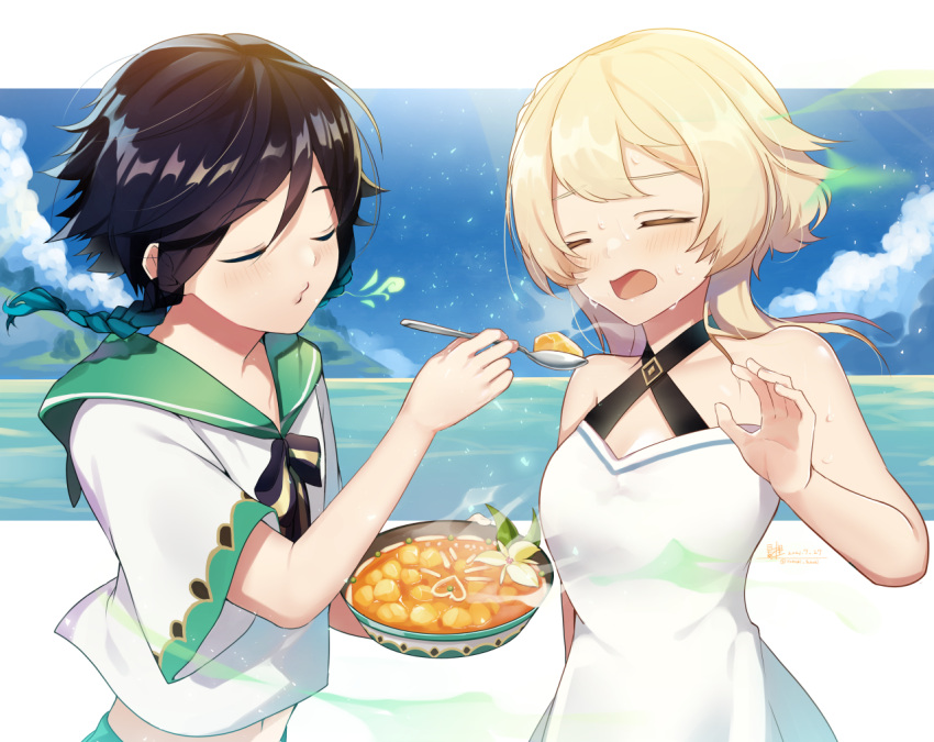 1boy 1girl :3 bare_shoulders black_hair blonde_hair blue_hair braid breasts closed_eyes dress feeding food genshin_impact gradient_hair green_pants hair_between_eyes lumine_(genshin_impact) medium_breasts medium_hair midriff multicolored_hair navel neckerchief open_mouth pants shared_food shirt short_sleeves stomach twin_braids venti_(genshin_impact) white_dress white_shirt yomogi_tanuki