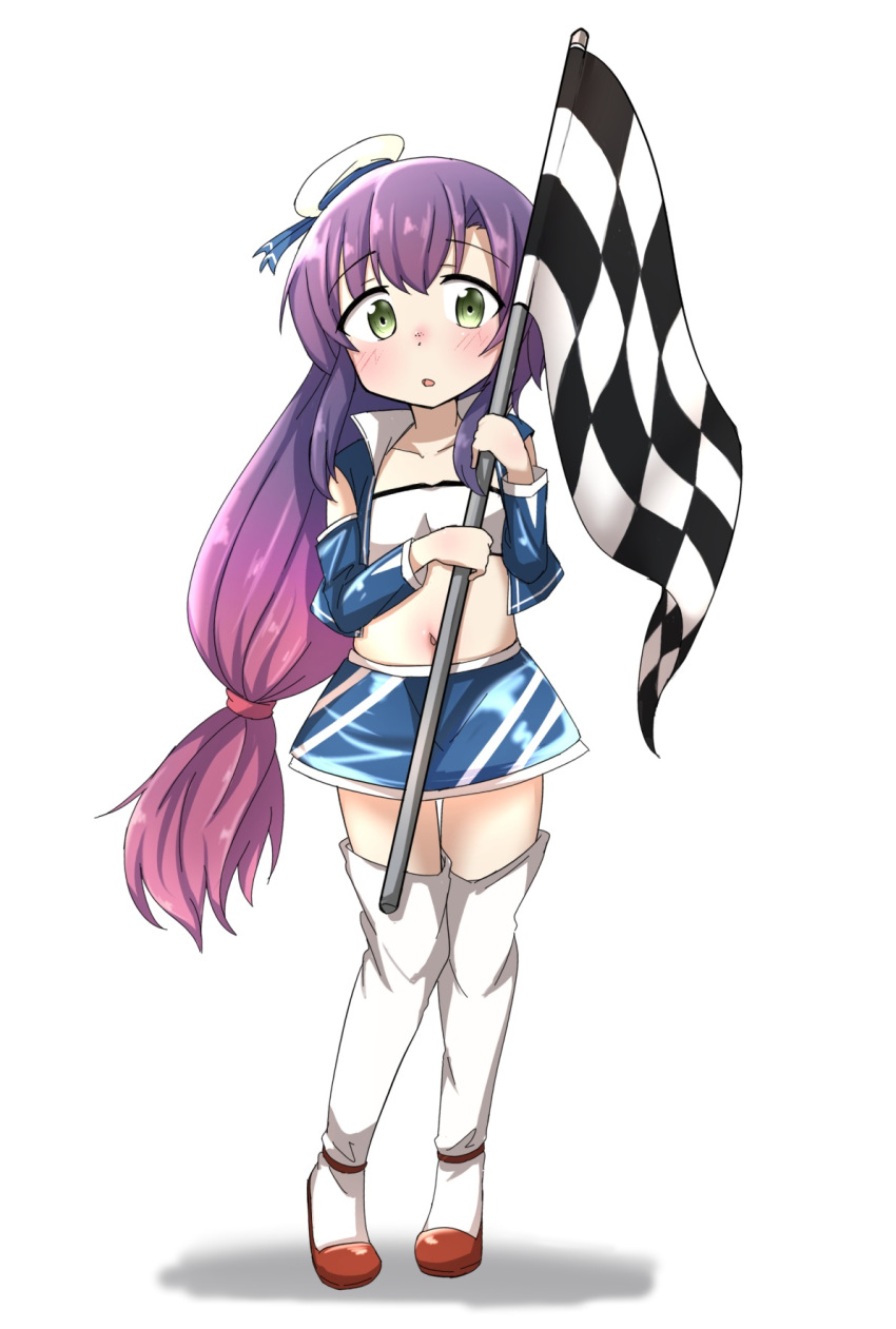 1girl blue_jacket blue_skirt boots cropped_jacket flag full_body gradient_hair green_eyes hat highres holding holding_flag jacket kantai_collection long_hair low-tied_long_hair matsuwa_(kancolle) midriff mini_hat miniskirt multicolored_hair navel open_clothes open_jacket pink_hair purple_hair race_queen rakuto89 sailor_hat skirt solo standing thigh_boots white_bandeau white_footwear white_headwear