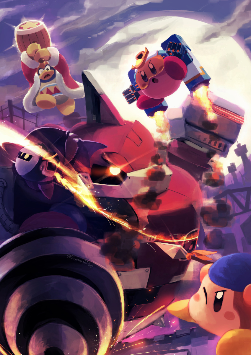 absurdres bandana_waddle_dee battle coat copy_ability drill exoskeleton galaxia_(sword) hammer highres holding holding_hammer holding_sword holding_weapon hr-d3 jetpack king_dedede kirby kirby's_return_to_dream_land kirby_(series) mask meta_knight one_eye_closed open_mouth robot suyasuyabi sword weapon